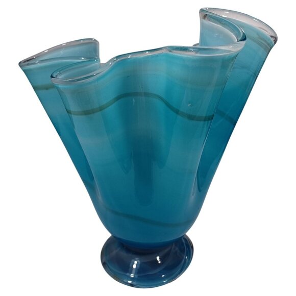 Hand Blown Ocean Waves Gradient Blue Art Glass Pedestal Vase Murano Vintage MCM - Picture 13 of 15